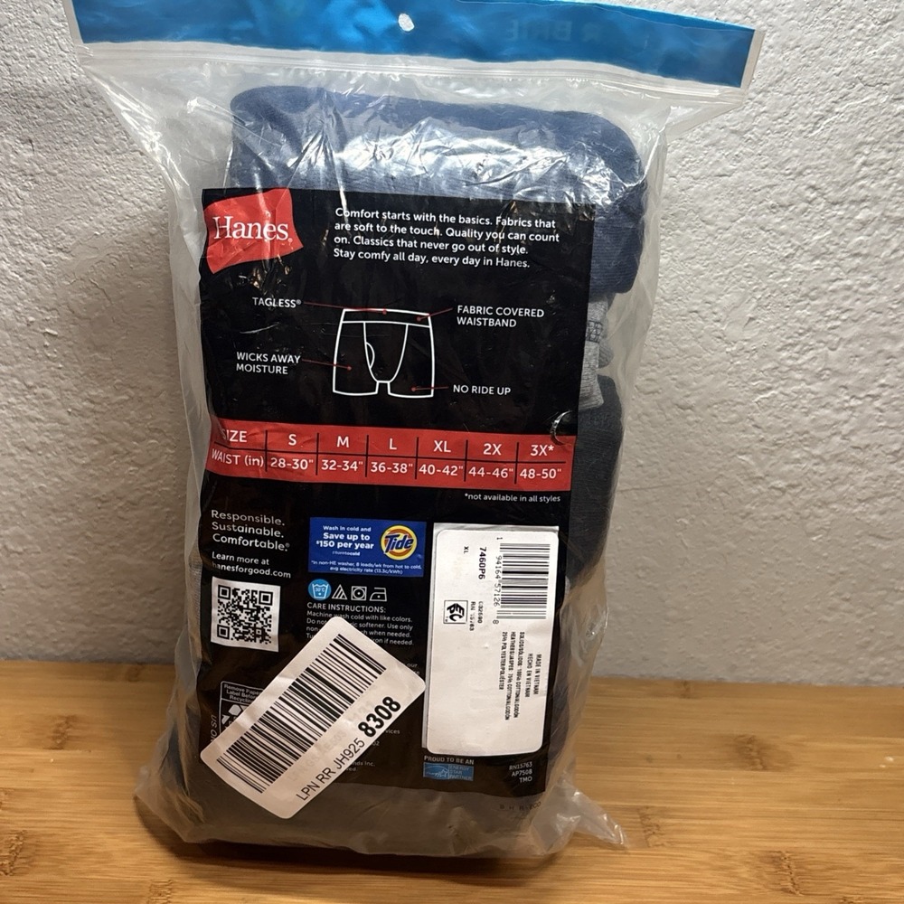 Hanes Men's Tagless Moisture Wicking Boxer Briefs 6 Pack XL Black/Gray/Navy - Picture 2 of 3